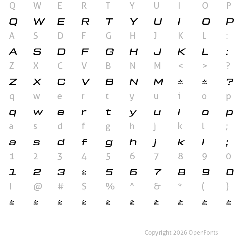 Character Map of FONTSPRING DEMO - Tactic Sans Exd Med It Regular