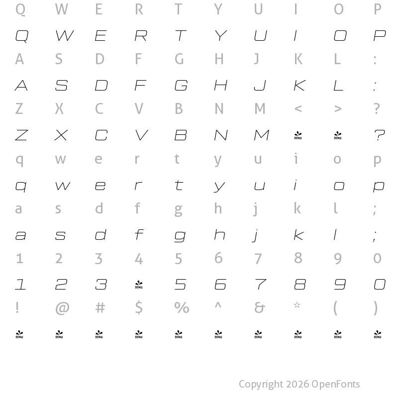 Character Map of FONTSPRING DEMO - Tactic Sans Exd Thn It Regular
