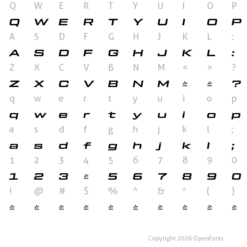 Character Map of FONTSPRING DEMO - Tactic Sans Ext Exd Bld It Regular