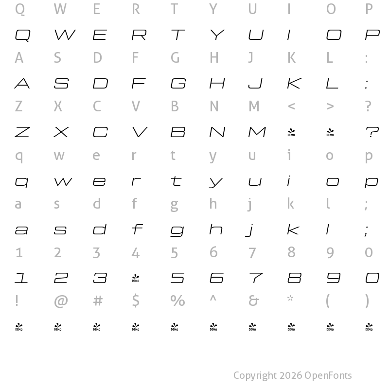 Character Map of FONTSPRING DEMO - Tactic Sans Ext Exd Lgt It Regular