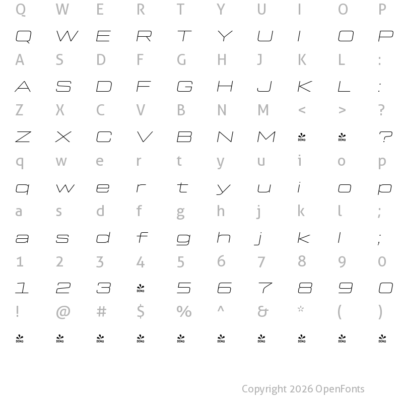 Character Map of FONTSPRING DEMO - Tactic Sans Ext Exd Thn It Regular