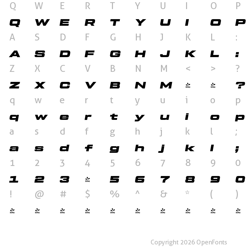 Character Map of FONTSPRING DEMO - Tactic Sans Ext Exd Ult It Regular