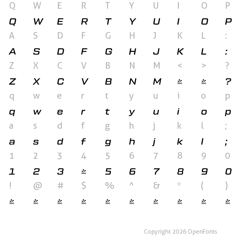 Character Map of FONTSPRING DEMO - Tactic Sans Med It Regular