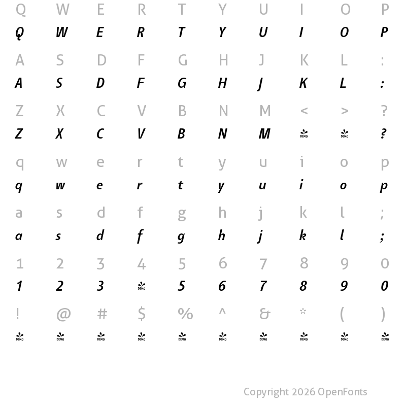 Character Map of FONTSPRING DEMO - Tang Md Italic