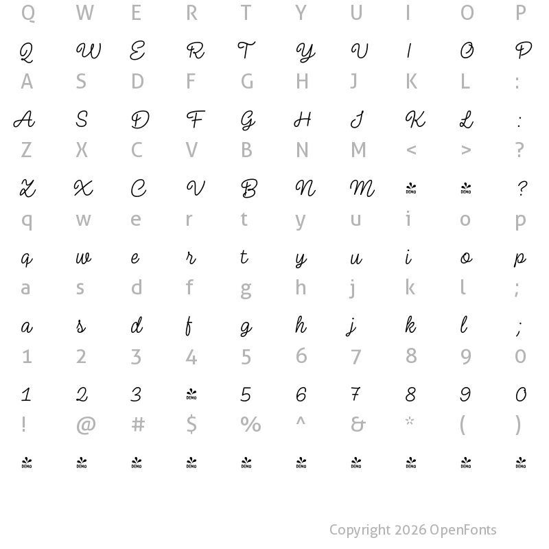 Character Map of FONTSPRING DEMO - Tapas Script Regular