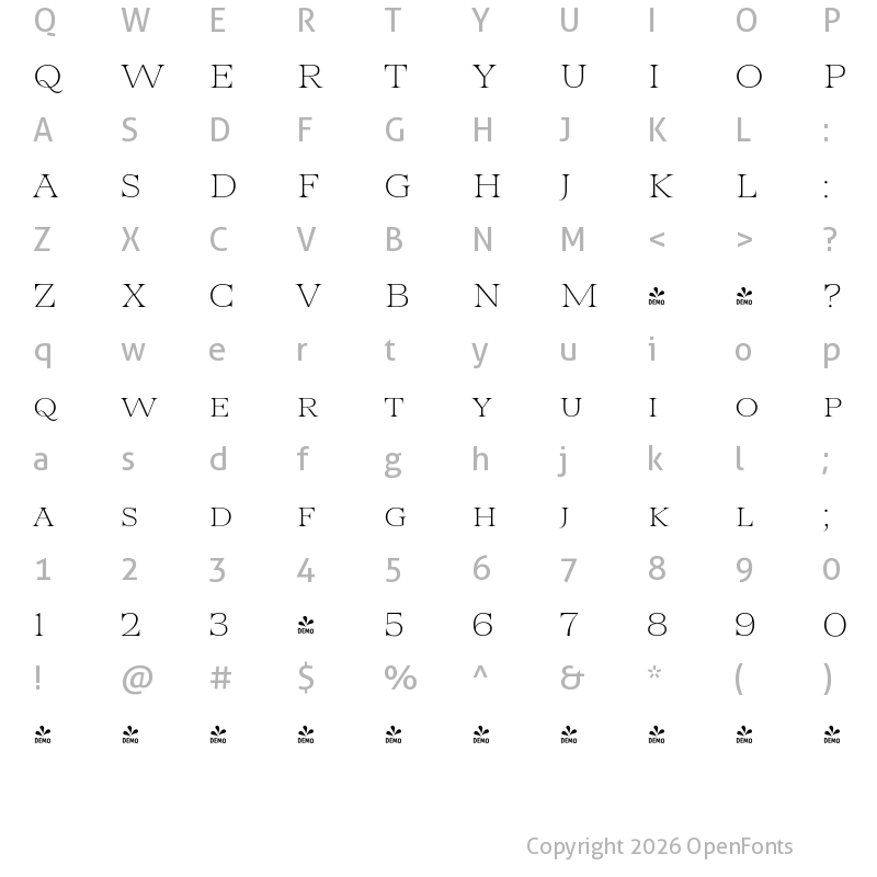 Character Map of FONTSPRING DEMO - Taurus Light Regular