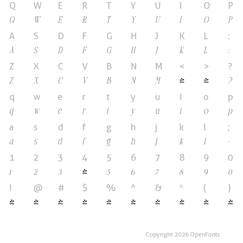 Character Map of FONTSPRING DEMO - TC Brookleigh Outline Italic