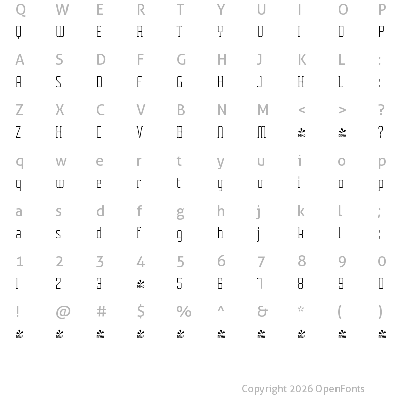 Character Map of FONTSPRING DEMO - Tecnica Slab Stencil 1 Rg Alt Regular