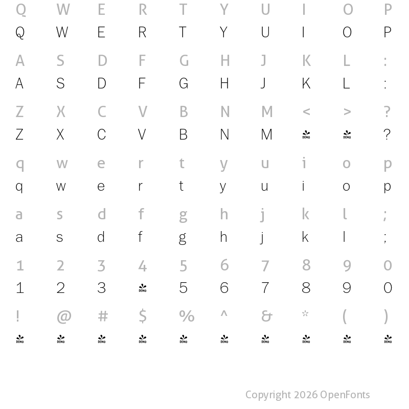 Character Map of FONTSPRING DEMO - TeeFranklin Lt Regular