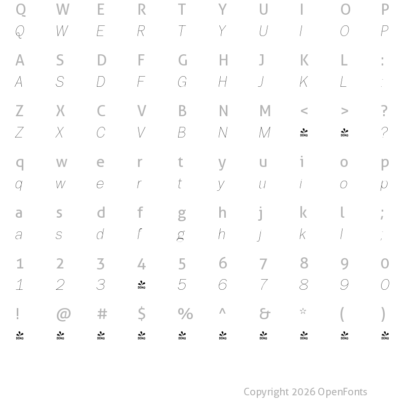 Character Map of FONTSPRING DEMO - TeeFranklin Ul Italic