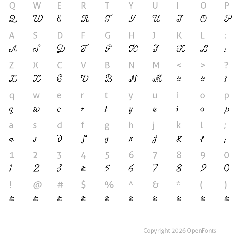 Character Map of FONTSPRING DEMO - Telegdi Pro Scr Script
