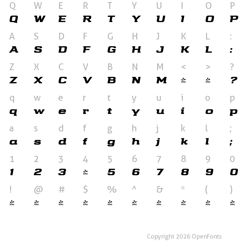 Character Map of FONTSPRING DEMO - Telephone Extended Black Italic