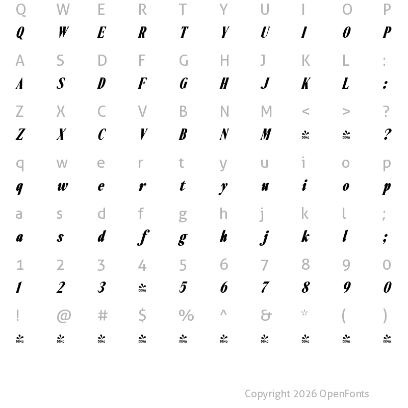 Character Map of FONTSPRING DEMO - Ten Twenty Black Italic