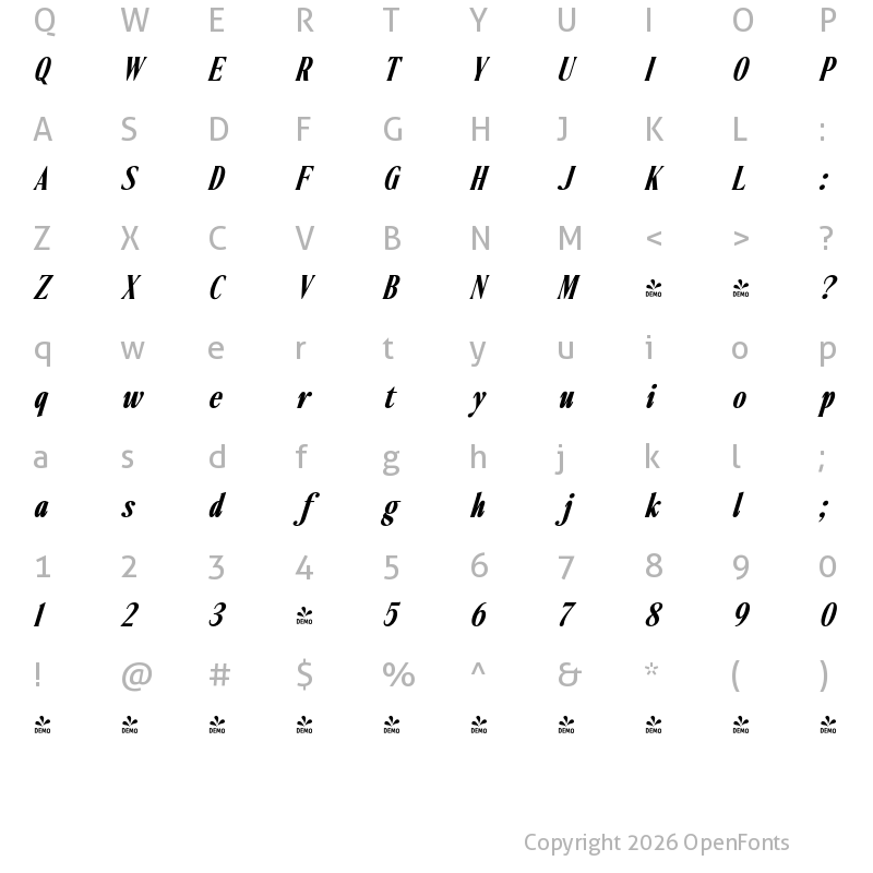 Character Map of FONTSPRING DEMO - Ten Twenty Bold Italic