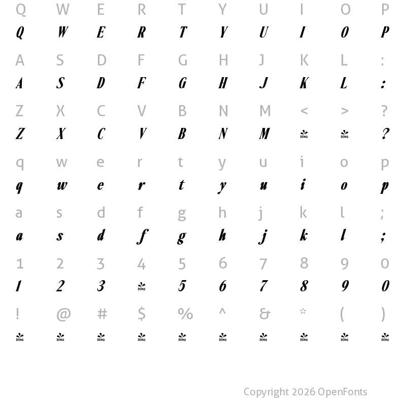 Character Map of FONTSPRING DEMO - Ten Twenty ExtBd Italic