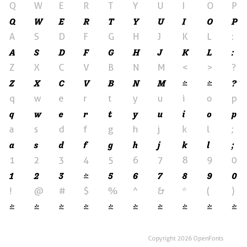 Character Map of FONTSPRING DEMO - Tenso Slab Bold Italic