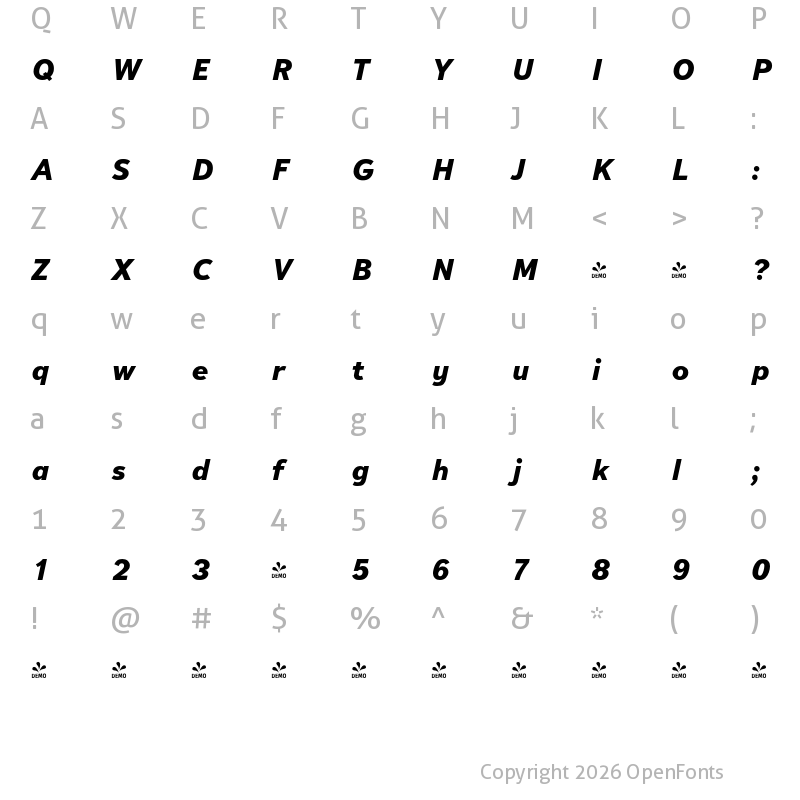 Character Map of FONTSPRING DEMO - Textbook New ExtraBold Italic