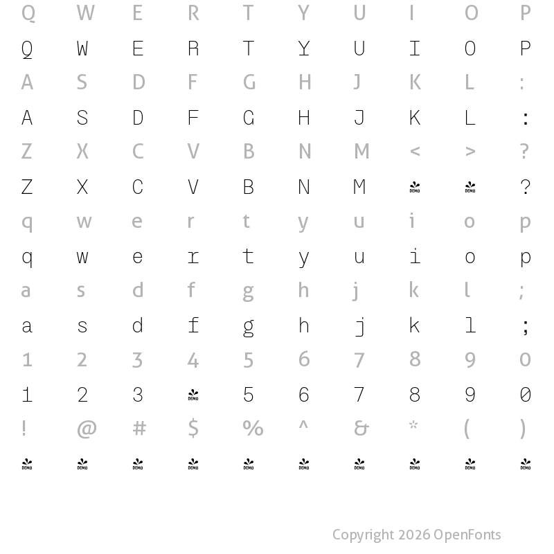 Character Map of FONTSPRING DEMO - TG Frekuent Mono Ultra Light Regular