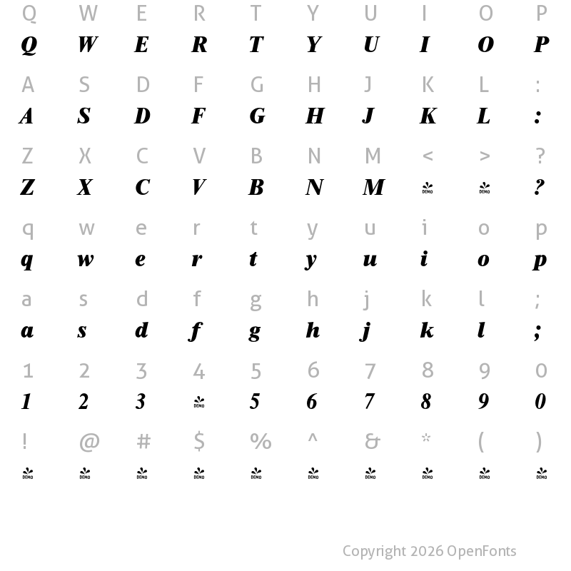 Character Map of FONTSPRING DEMO - Thames Serial Heavy Italic