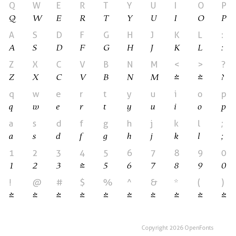 Character Map of FONTSPRING DEMO - That Rg Italic