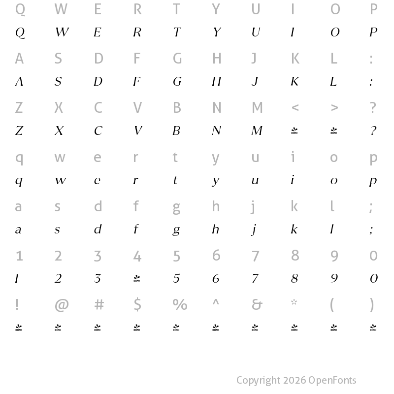 Character Map of FONTSPRING DEMO - The Gatok Display Light Ita Italic