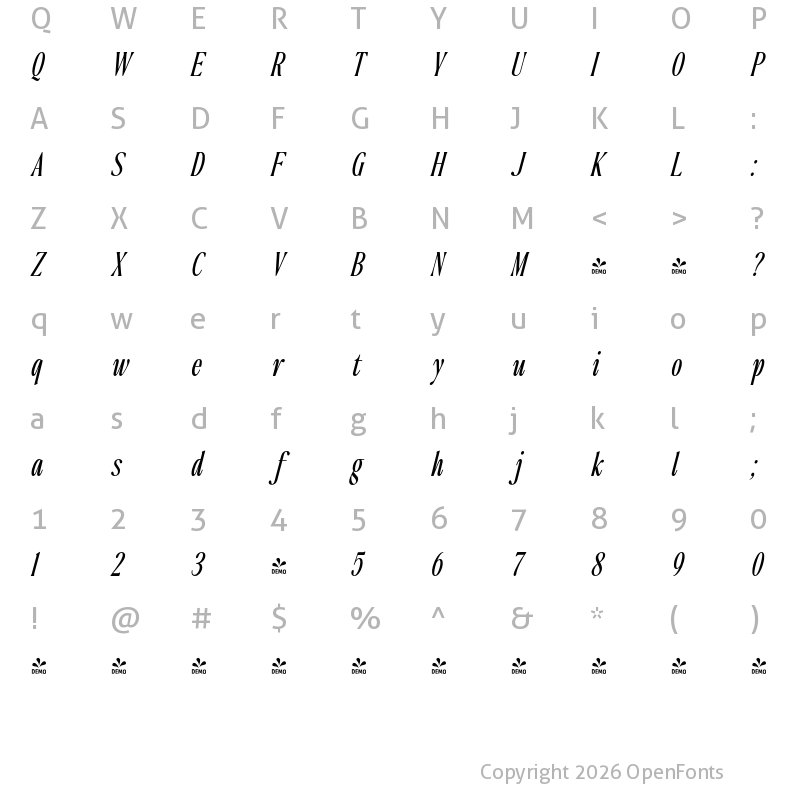 Character Map of FONTSPRING DEMO - The Qualified Cond Italic