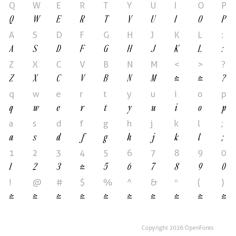 Character Map of FONTSPRING DEMO - The Qualified Light Italic