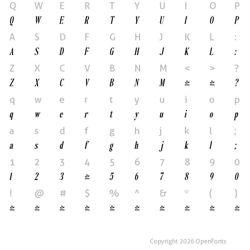 Character Map of FONTSPRING DEMO - The Qualified SemBd Cond Slant Regular
