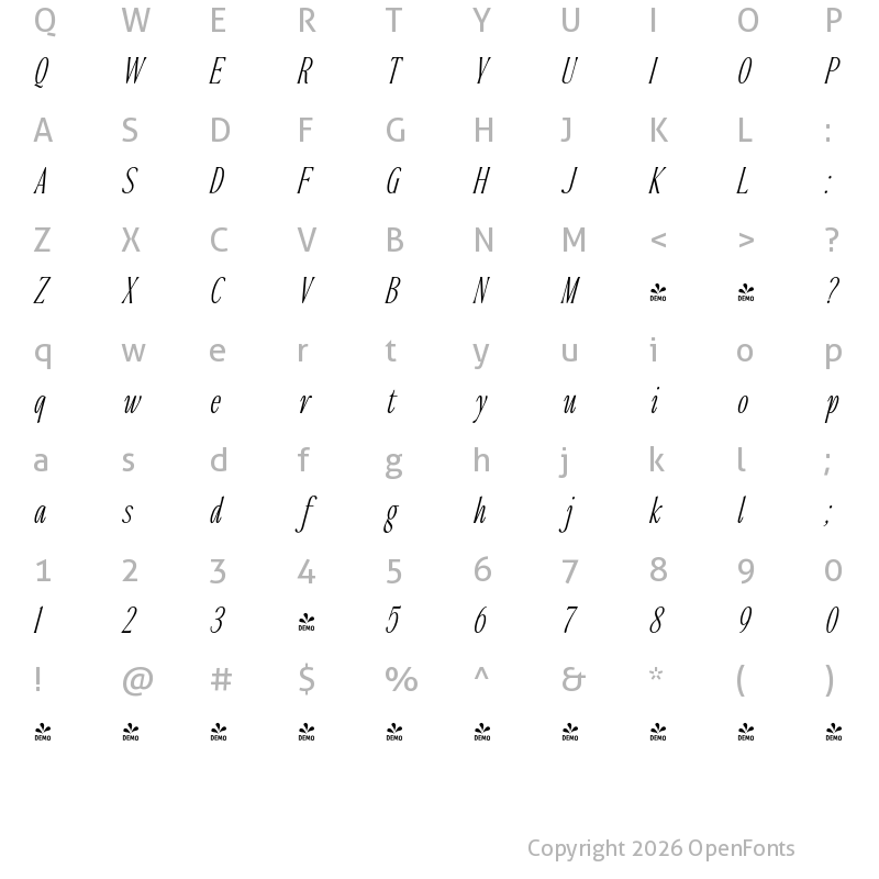 Character Map of FONTSPRING DEMO - The Qualified Thin Cond Italic
