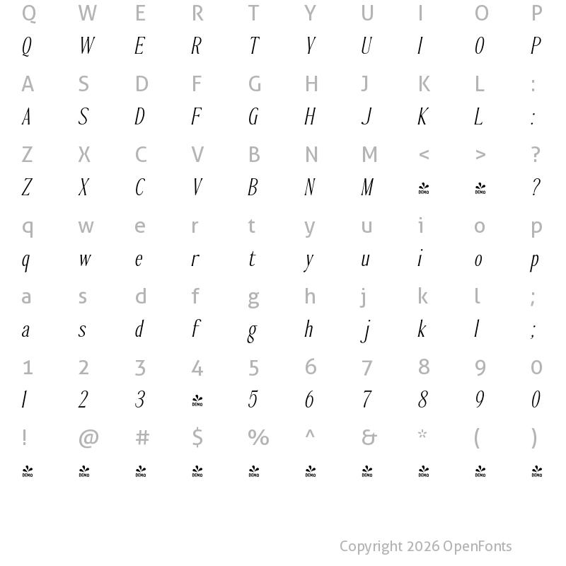 Character Map of FONTSPRING DEMO - The Qualified Thin Slant Regular