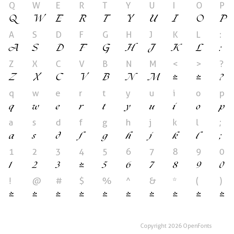 Character Map of FONTSPRING DEMO - The Seasons Bold Italic