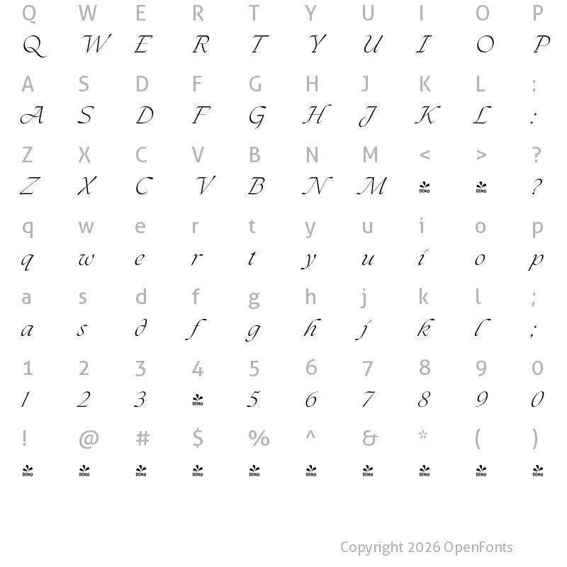 Character Map of FONTSPRING DEMO - The Seasons Light Italic