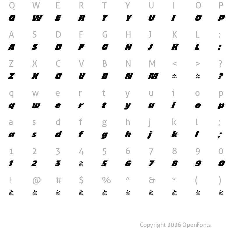 Character Map of FONTSPRING DEMO - Thicker Black Italic