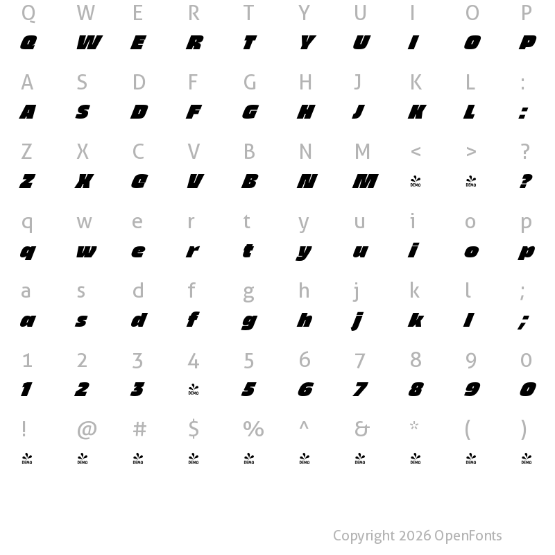 Character Map of FONTSPRING DEMO - Thicker Extrablack Italic