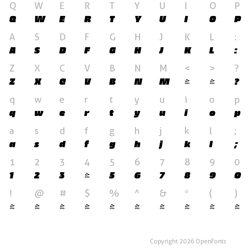Character Map of FONTSPRING DEMO - Thicker Extrablack Slanted Regular