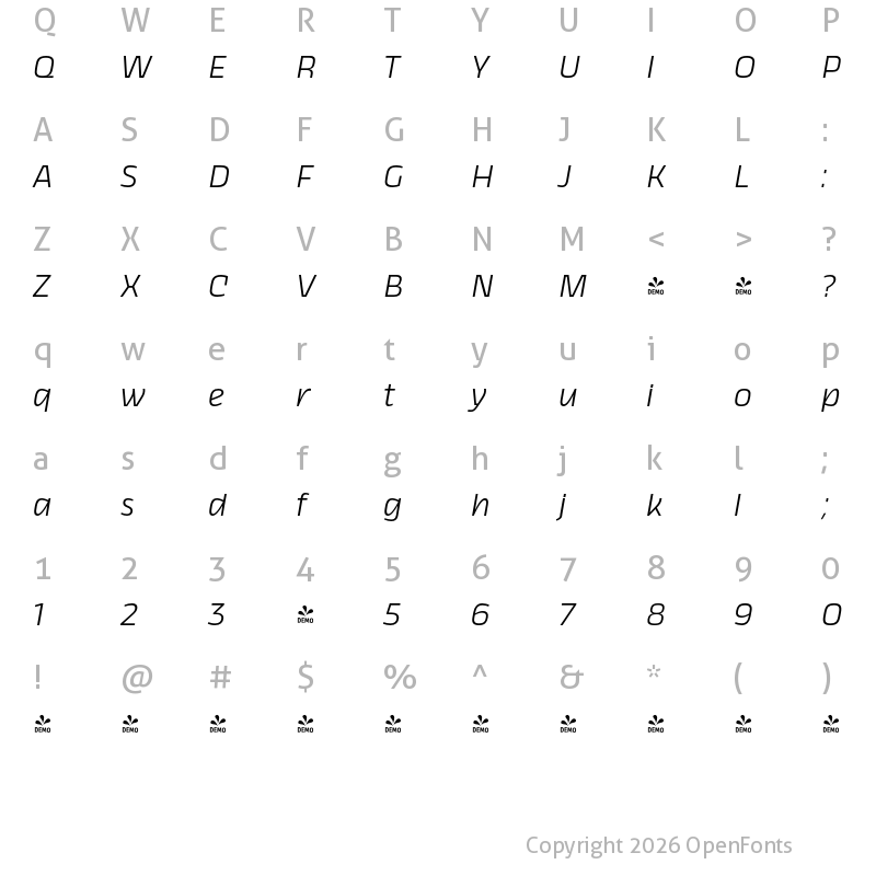 Character Map of FONTSPRING DEMO - Thicker Light Slanted Regular