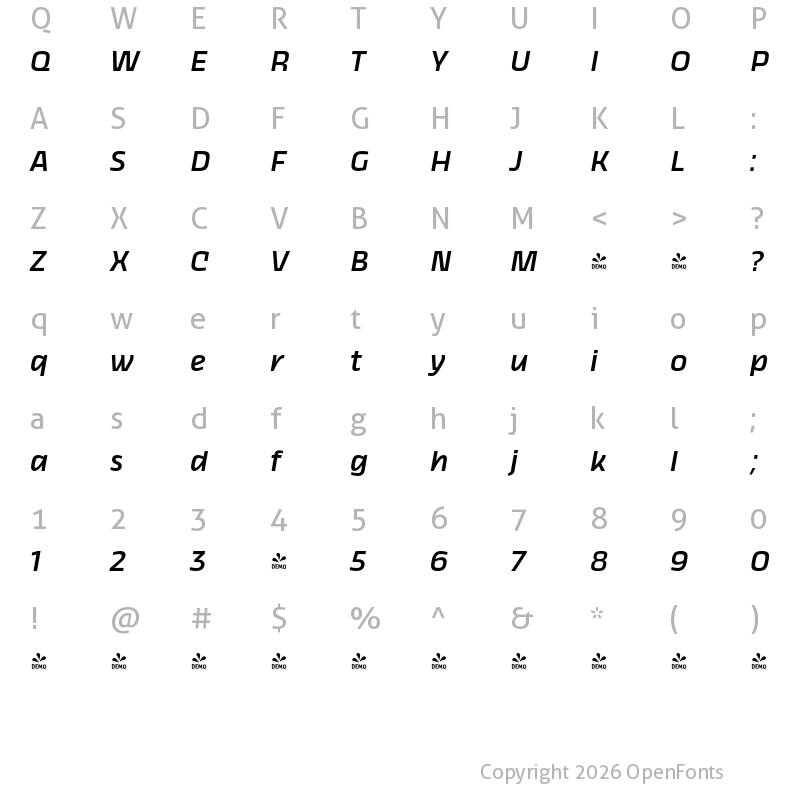 Character Map of FONTSPRING DEMO - Thicker Medium Slanted Regular