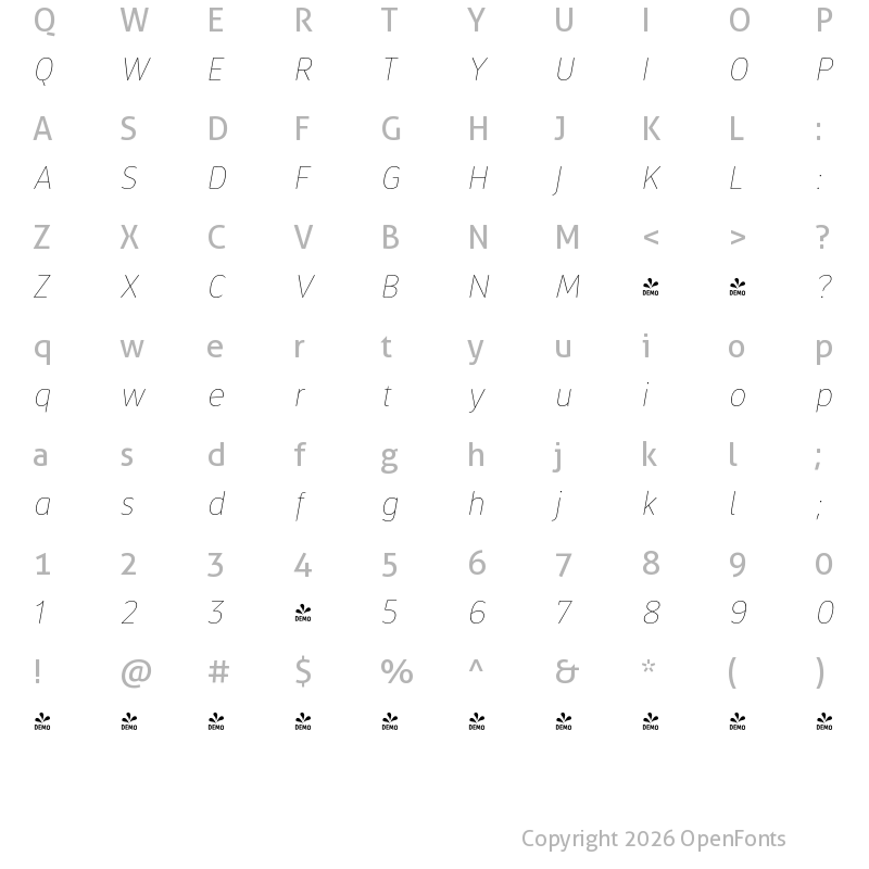 Character Map of FONTSPRING DEMO - Thin It Regular