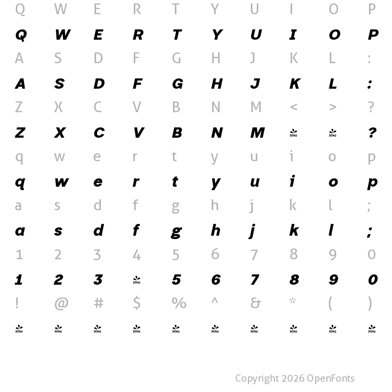 Character Map of FONTSPRING DEMO - Thorngumbald Black Italic