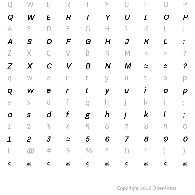 Character Map of FONTSPRING DEMO - Thorngumbald Bold Italic