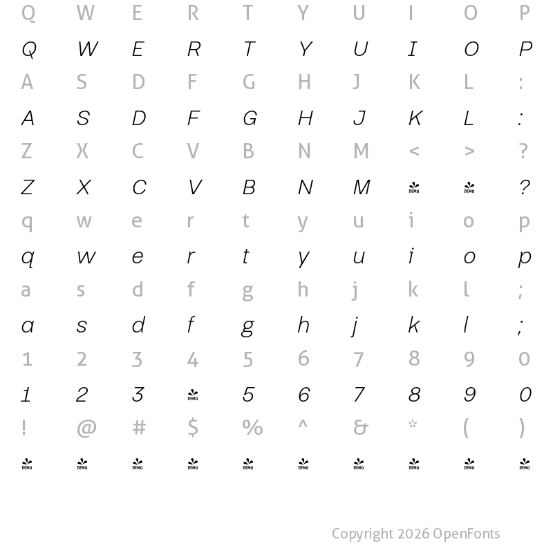 Character Map of FONTSPRING DEMO - Thorngumbald Light Italic