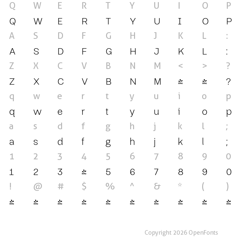 Character Map of FONTSPRING DEMO - Thorngumbald Light Regular