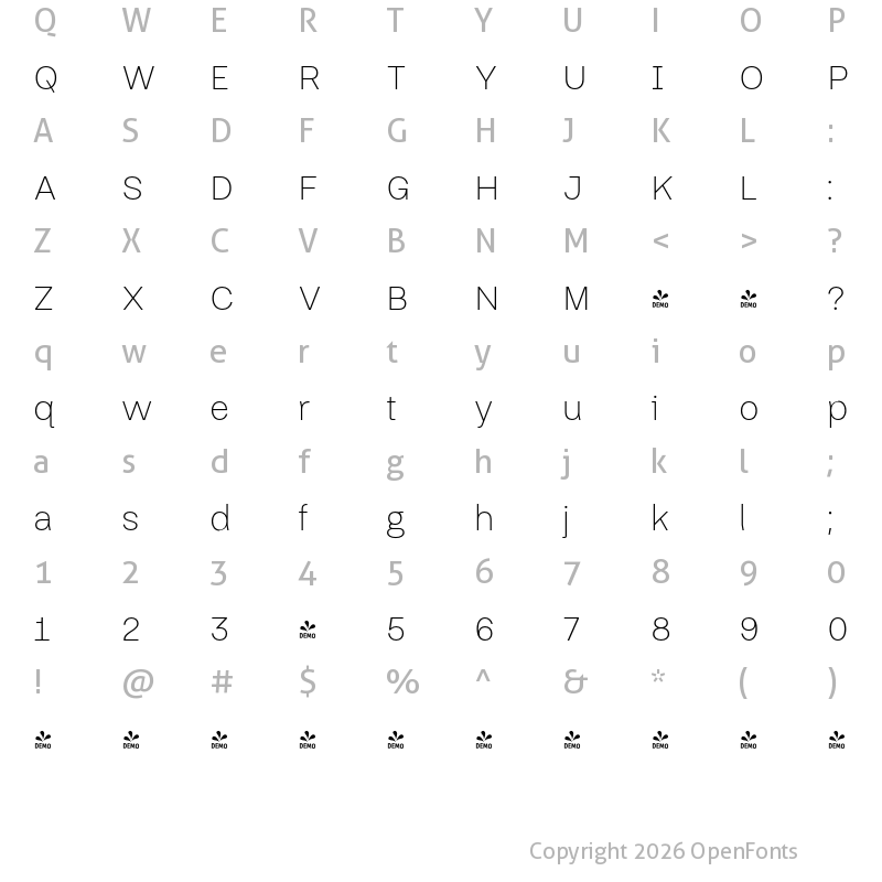 Character Map of FONTSPRING DEMO - Thorngumbald Thin Regular