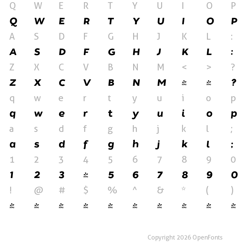 Character Map of FONTSPRING DEMO - Tide Sans 600 Bunny Italic