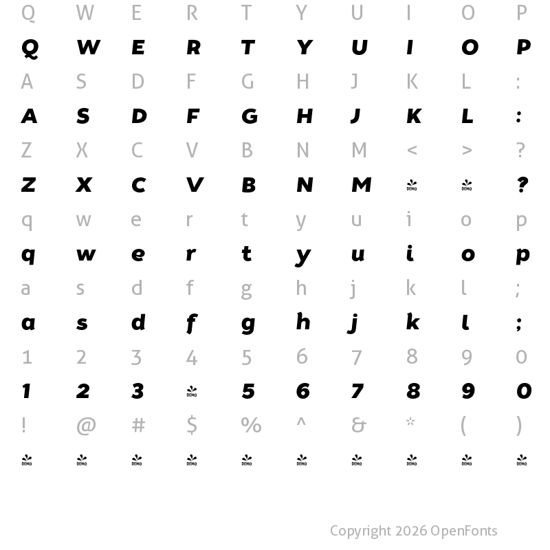 Character Map of FONTSPRING DEMO - Tide Sans 700 Mondo Italic