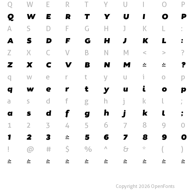 Character Map of FONTSPRING DEMO - Tide Sans 800 Kahuna Italic