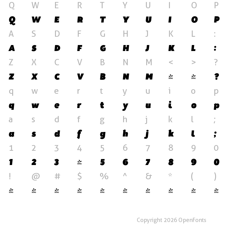Character Map of FONTSPRING DEMO - Tide Sans Cond 900 Dude Italic