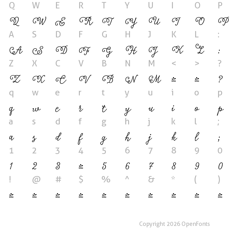 Character Map of FONTSPRING DEMO - Tierra Script Swalt Regular