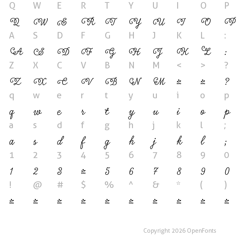 Character Map of FONTSPRING DEMO - Tierra Script Swash Swash