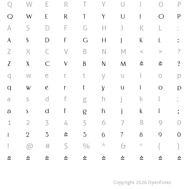 Character Map of FONTSPRING DEMO - Timernis Thin Regular